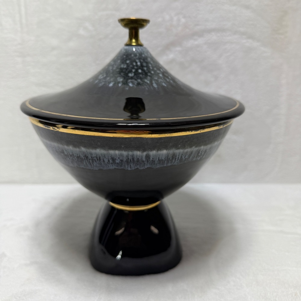 Vintage Hull Pottery Black Drip Glaze Pedestal Bowl Gold Trim MCM Art Ceramic